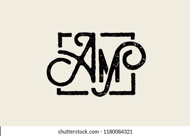 AM ornamental monogram.Logo with elegant decorative letter a and letter m in a frame.Emblem style lettering vector icon isolated on light background.