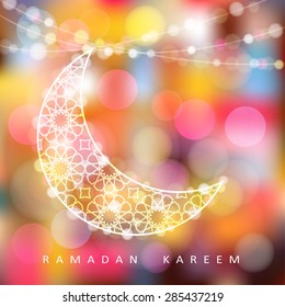 Ornamental moon with bokeh lights, vector illustration background, card, invitation for muslim community holy month Ramadan Kareem