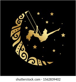 ornamental moon swing, young woman and stars. vector 