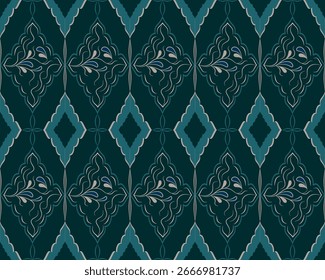 Ornamental Moroccan Diamond Seamless Pattern With Blue And Green Flowers