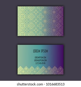 Ornamental mosaic business cards, oriental pattern, foil decorative elements.