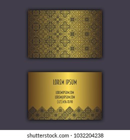 Ornamental mosaic business cards, oriental pattern, foil decorative elements.