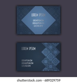 Ornamental mosaic business cards, oriental pattern, foil decorative elements.