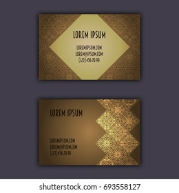 Ornamental mosaic business cards, oriental pattern, foil decorative elements.