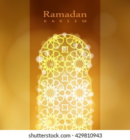 Ornamental mosque window with bokeh lights. Ramadan card. Invitation for muslim community holy month Ramadan Kareem. vector illustration background