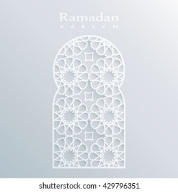 Ornamental mosque window. Ramadan card. Arabic design, pattern. 3D white paper craft style. Invitation for muslim holy month Ramadan Kareem. vector illustration background