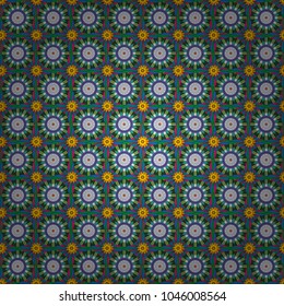 Ornamental motifs of the Indian fabric patterns. Mandalas ethnic seamless pattern in blue, gray and green colors. Vector seamless ornament.