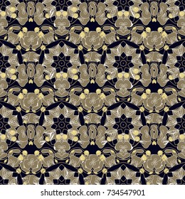Ornamental motifs of the Indian fabric patterns. Mandalas ethnic seamless pattern in beige, black and white colors. Vector seamless ornament.