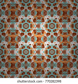 Ornamental motifs of the Indian fabric patterns. Paisley floral oriental ethnic seamless pattern. Vector Arabic ornament in brown, blue and white colors.