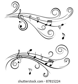 Ornamental music notes with swirls on white background