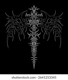 Ornamental neo tribal vector with sword and wings motif. Ideal for metal band logos, dark apparel prints, and tattoo design elements