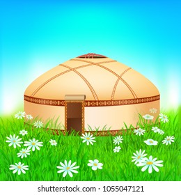 Ornamental Nomadic Yurt in the meadow, vector illustration with flowers and ornaments