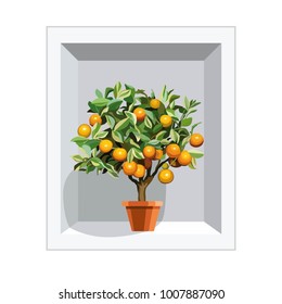 Ornamental orange tree on a flower shelf. A plant with fruits in a pot. Icon on white background. Isolated Vector Illustration