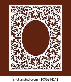 Ornamental oval frame, lace border. Laser cut template for wedding invitation. Greeting card with abstract floral ornament. Openwork silhouette for Valentine's day.