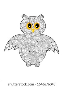 ornamental Owl, ethnic zentangled mascot, amulet, mask of bird, patterned animal for adult anti stress coloring pages.