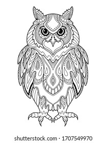 Ornamental owl picture. Page of coloring book. Vector illustration.