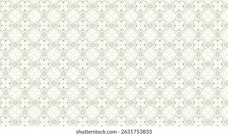 Ornamental paisley and geometric pattern with repeating elements in light green and brown