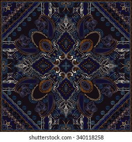 Ornamental paisley pattern. Neckerchief print. Stylized funky tile. Ethnic vector paisley border. Colorful square ornament on black background for neckerchief, fabric, textile