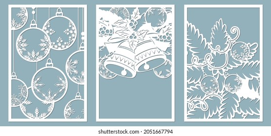 Ornamental panels christmas tree with christmas toys. Laser cut decorative lace borders patterns. Set of bookmarks templates. Image suitable for laser cutting, plotter cutting or printing. 
serigraphy