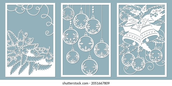 Árbol de navidad de paneles ornamentales con juguetes de navidad. Patrones de bordes decorativos de encaje de corte láser. Conjunto de plantillas de marcadores. Imagen adecuada para corte por láser, corte por trazador o impresión. serigrafía