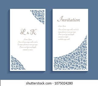 Ornamental panels with lace corner pattern, cutout paper decoration, vector templates for laser cutting, elegant wedding invitation or save the date card design, eps10