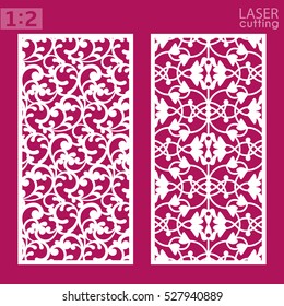 Ornamental panels with pattern, die cutting. May be use for laser cutting. Template of wedding invitation or greeting card. Cabinet fretwork panel. Metal design, wood carving.