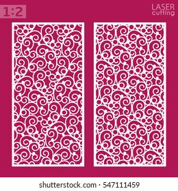 Ornamental panels with pattern, die cutting. May be use for laser cutting. Template of wedding invitation or greeting card. Cabinet fretwork panel. Metal design, wood carving.