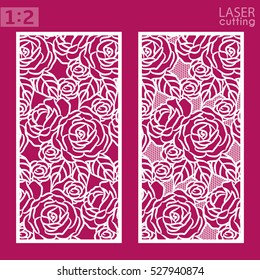 Ornamental panels with rose pattern, die cutting. May be use for laser cutting. Template of wedding invitation or greeting card. Cabinet fretwork panel. Metal design, wood carving.