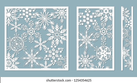 Ornamental panels with snowflake pattern. Laser cut decorative lace borders patterns. Set of bookmarks templates. Image suitable for laser cutting, plotter cutting or printing. serigraphy