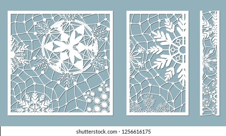 Ornamental panels with snowflake pattern. Laser cut decorative lace borders patterns. Set of bookmarks templates. Image suitable for laser cutting, plotter cutting or printing. serigraphy