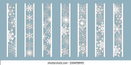 Ornamental panels with snowflake pattern. Laser cut decorative lace borders patterns. Set of bookmarks templates. Image suitable for laser cutting, plotter cutting or printing. serigraphy.