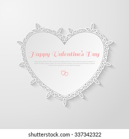 Ornamental paper heart frame with shadow. Vector illustration. Valentines day decorative greeting card with place for text. Wedding patterned frame. Happy Valentines Day Template