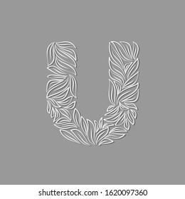 Ornamental paper letter U isolated on gray background. Laser cut template. Vector illustration