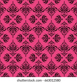 Ornamental patter in black and pink colors. Vector seamless damask pattern, classic wallpaper, background.