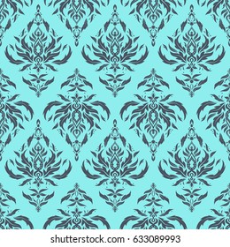 Ornamental patter in blue colors. Vector seamless damask pattern, classic wallpaper, background.