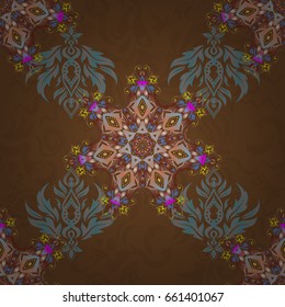 Ornamental patter in blue, pink and brown colors. Vector seamless damask pattern, classic wallpaper, background.