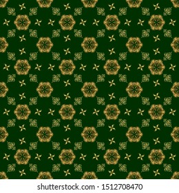 Ornamental patter in green and golden colors. Vector seamless damask pattern, classic wallpaper, background.