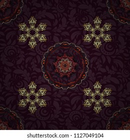 Ornamental patter in purple, gray and brown colors. Vector seamless damask pattern, classic wallpaper, background.