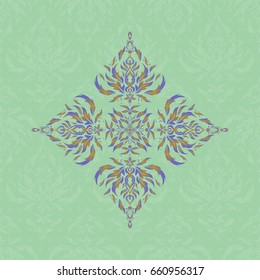 Ornamental patter in violet and yellow colors. Vector seamless damask pattern, classic wallpaper, background.