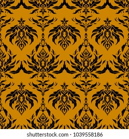 Ornamental patter in yellow and black colors. Vector seamless damask pattern, classic wallpaper, background.