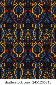 Ornamental pattern with animals. Seamless vector ornament. Stylized cats and bulls on a dark background.
