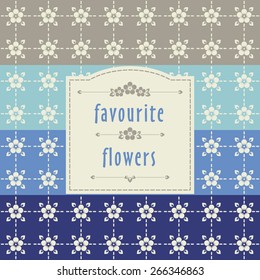 The ornamental pattern with beige flowers drawn on beige, sky blue, blue and dark blue backgrounds