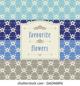 The ornamental pattern with beige flowers drawn on beige, sky blue, blue and dark blue backgrounds
