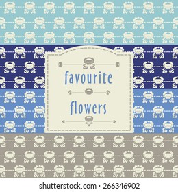 The ornamental pattern with beige flowers drawn on beige, sky blue, blue and dark blue backgrounds