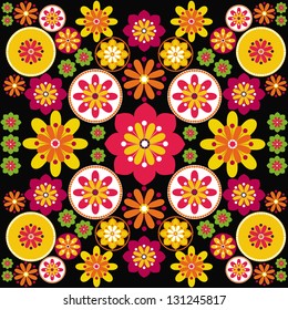 Ornamental pattern  with decorative flowers on black background. Vector Illustration.