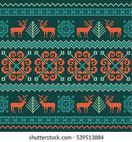 Ornamental pattern with deer and Christmas tree. Traditional winter background in scandinavian style. 