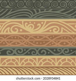 Ornamental pattern design with beautiful natural colors. Set of decorative stripes in khaki and beige.