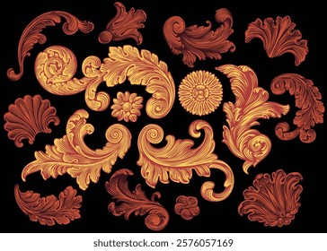 Ornamental pattern elements. Design set. Editable hand drawn illustration. Vector vintage engraving. Isolated on black background. 8 EPS