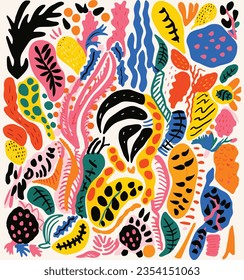 Ornamental Pattern Featuring Hand Drawn Tropical Leaves and Plants, in the Style of Bright Colors, Bold Shapes, Childlike