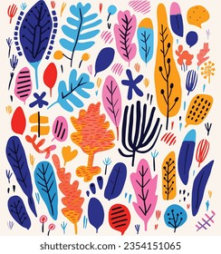 Ornamental Pattern Featuring Hand Drawn Tropical Leaves and Plants, in the Style of Bright Colors, Bold Shapes, Childlike